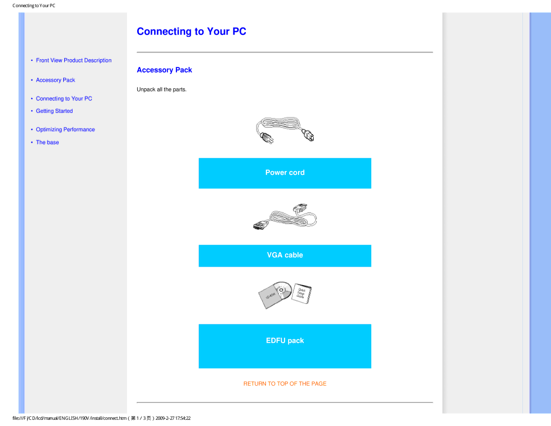 Philips 190V1SB/00 user manual Connecting to Your PC, Accessory Pack 