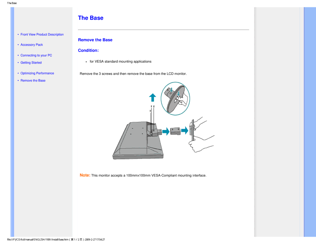 Philips 190V1SB/00 user manual Remove the Base Condition 