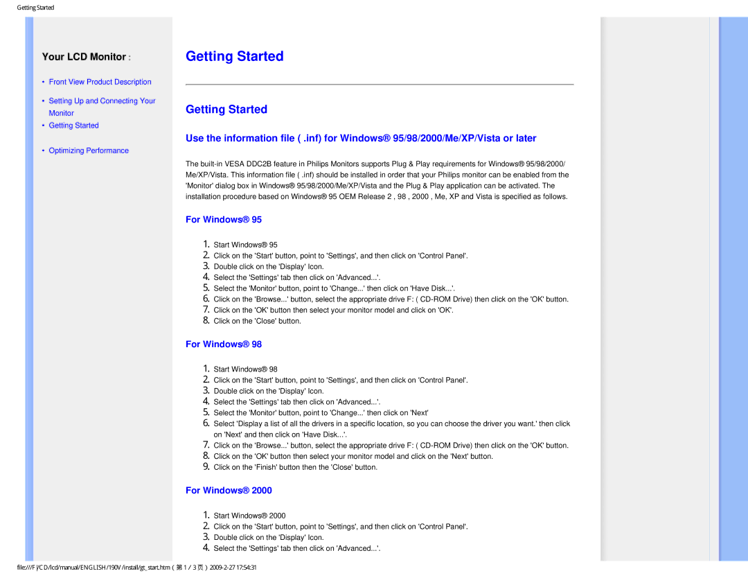 Philips 190V1SB/00 user manual Getting Started, For Windows 