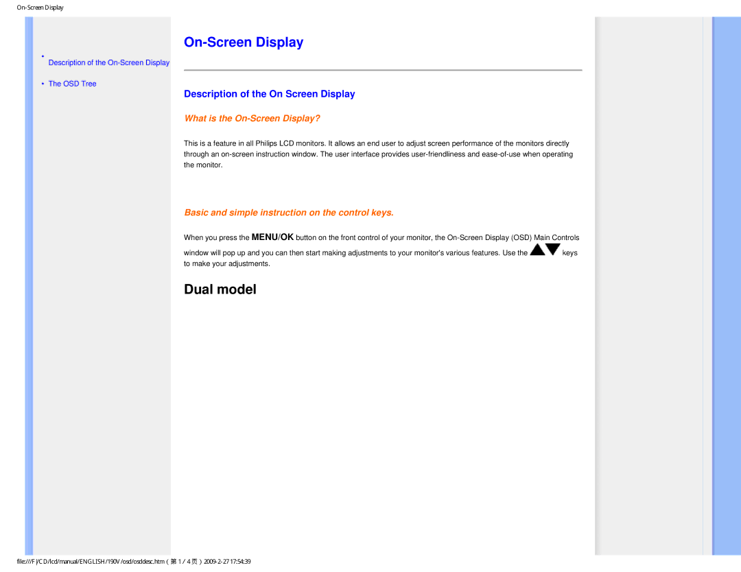 Philips 190V1SB/00 user manual On-Screen Display, Description of the On Screen Display 