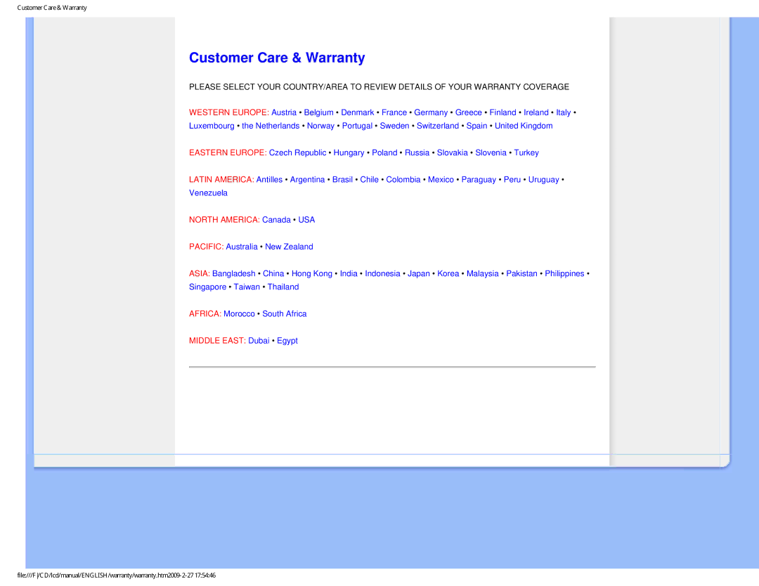 Philips 190V1SB/00 user manual Customer Care & Warranty, North America Canada USA 