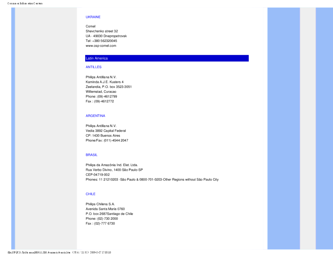 Philips 190V1SB/00 user manual Ukraine, Antilles, Argentina, Brasil, Chile 