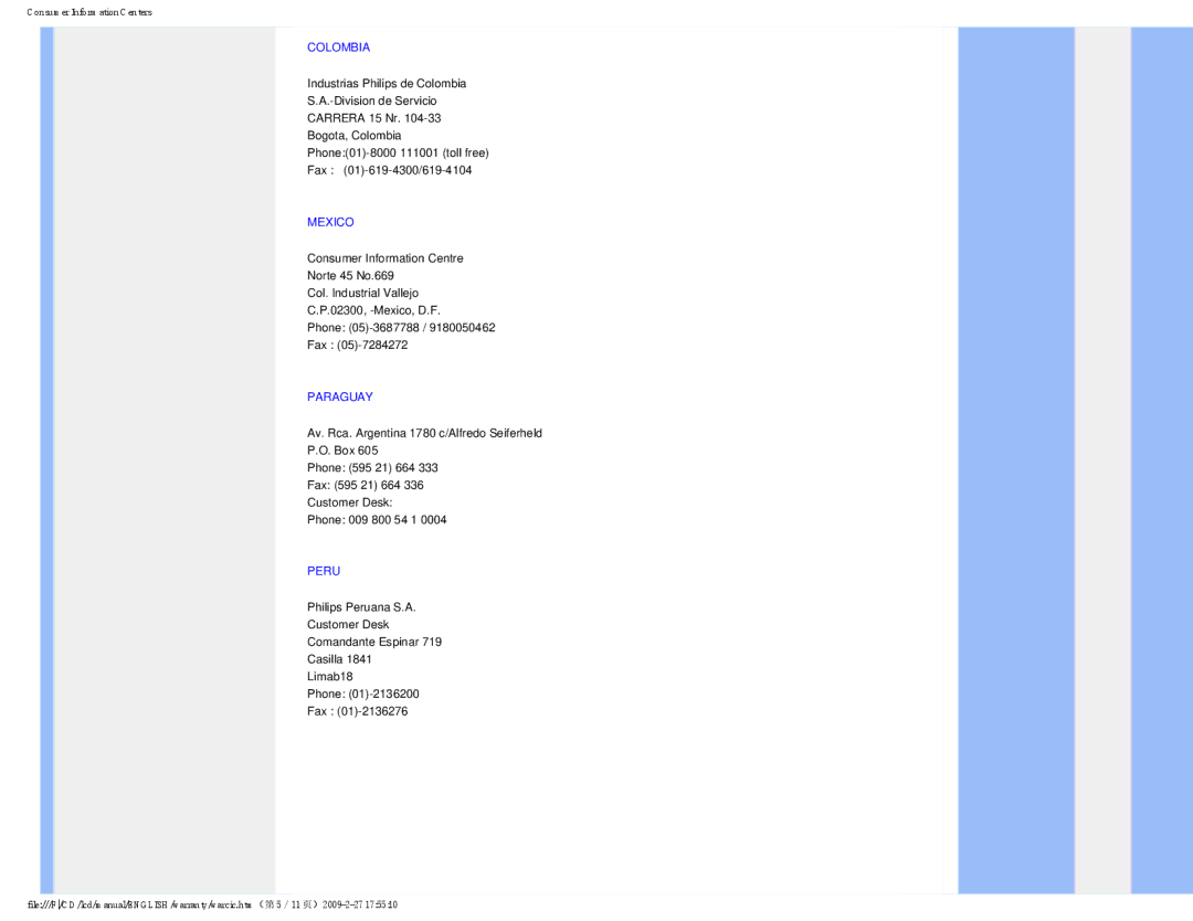 Philips 190V1SB/00 user manual Colombia, Mexico, Paraguay, Peru 