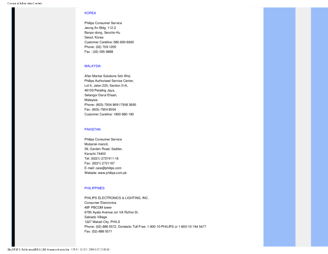 Philips 190V1SB/00 user manual Korea, Malaysia, Pakistan, Philippines 