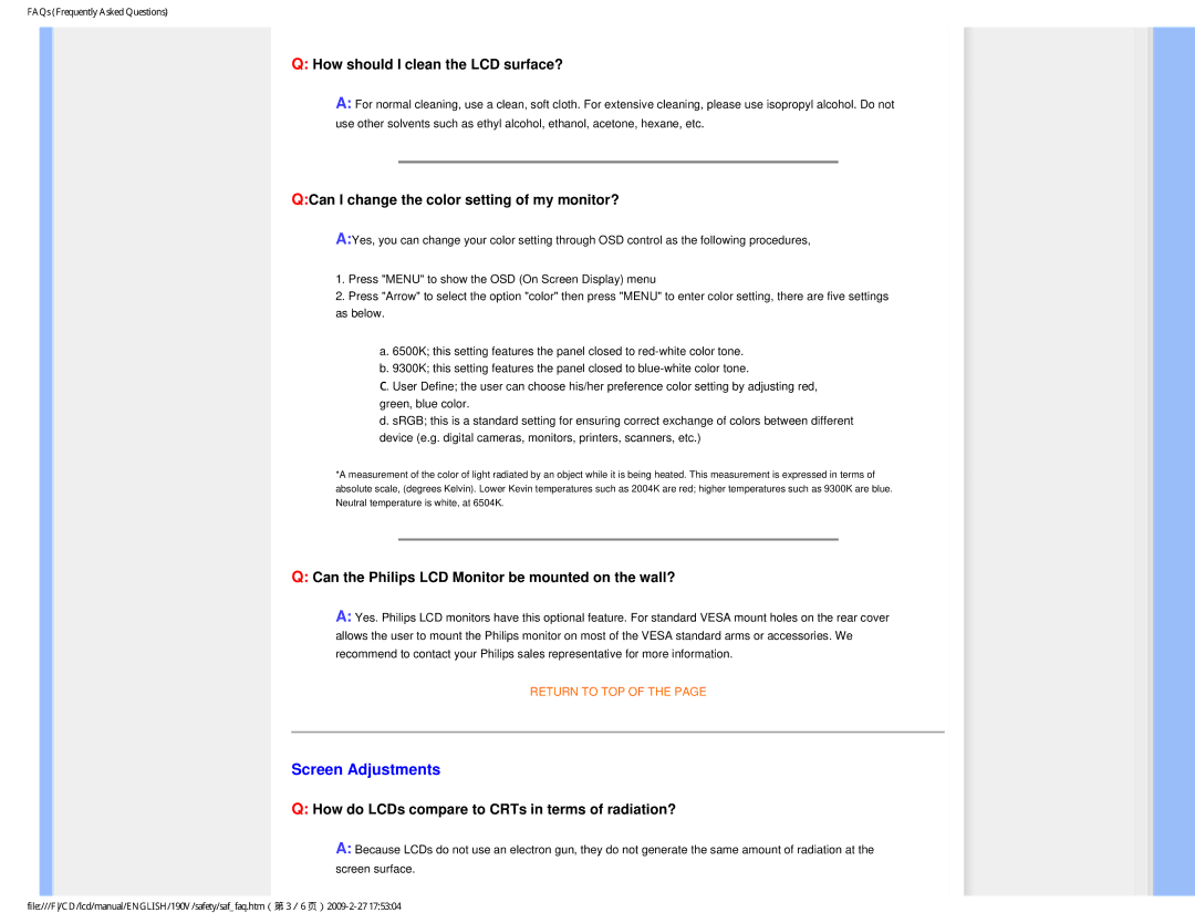 Philips 190V1SB/00 user manual Screen Adjustments, How should I clean the LCD surface? 