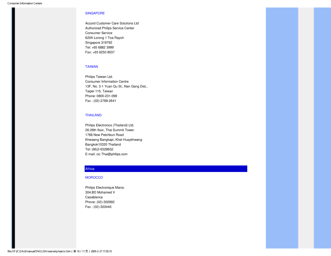 Philips 190V1SB/00 user manual Singapore, Taiwan, Thailand, Morocco 