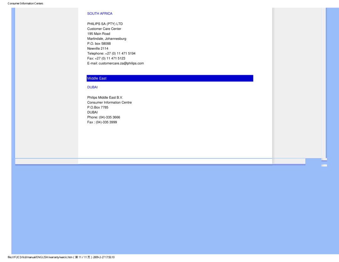 Philips 190V1SB/00 user manual South Africa, Dubai 