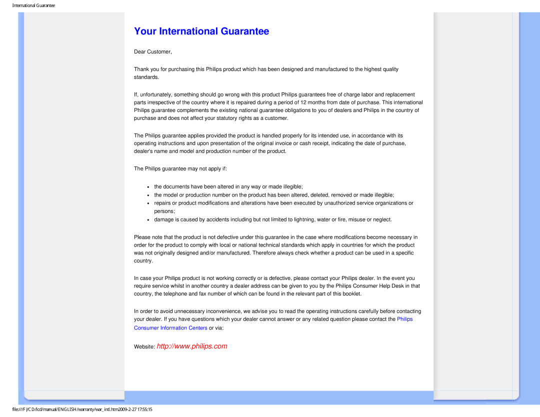 Philips 190V1SB/00 user manual Your International Guarantee 
