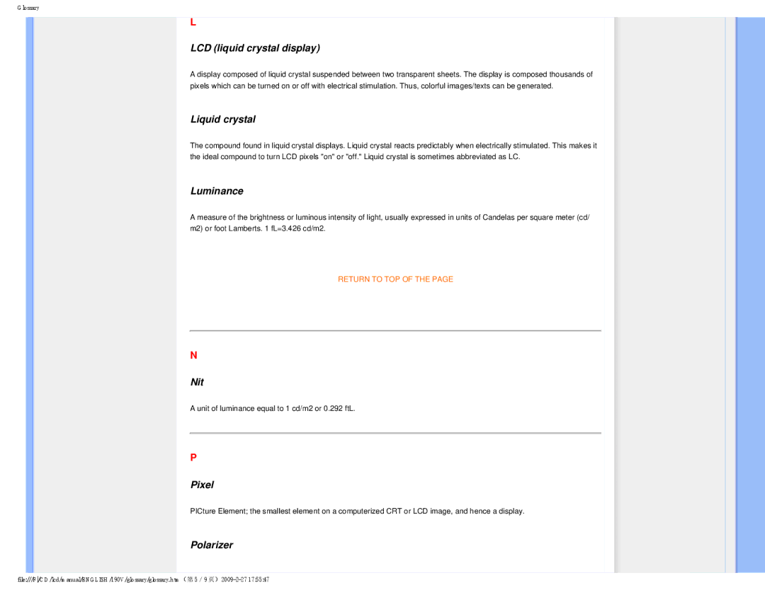 Philips 190V1SB/00 user manual LCD liquid crystal display, Liquid crystal, Luminance, Nit, Pixel, Polarizer 