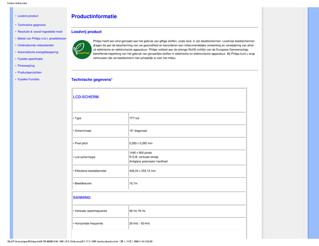 Philips 190V user manual Productinformatie, Loodvrij product, Technische gegevens, Lcd-Scherm, Sanning 