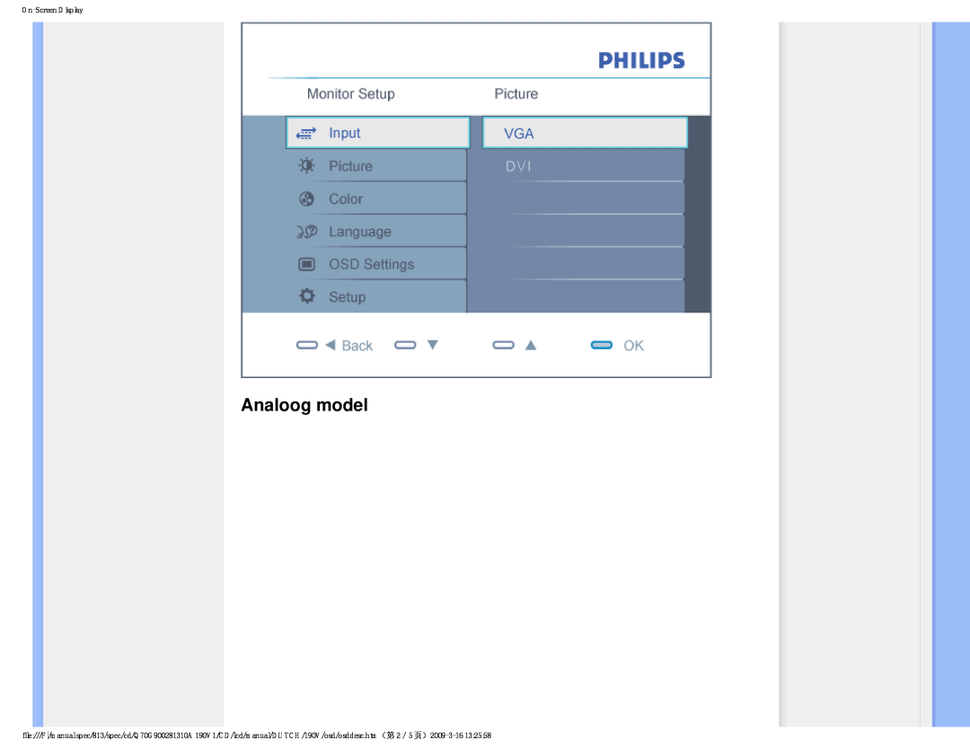 Philips 190V user manual Analoog model, On-Screen Display 