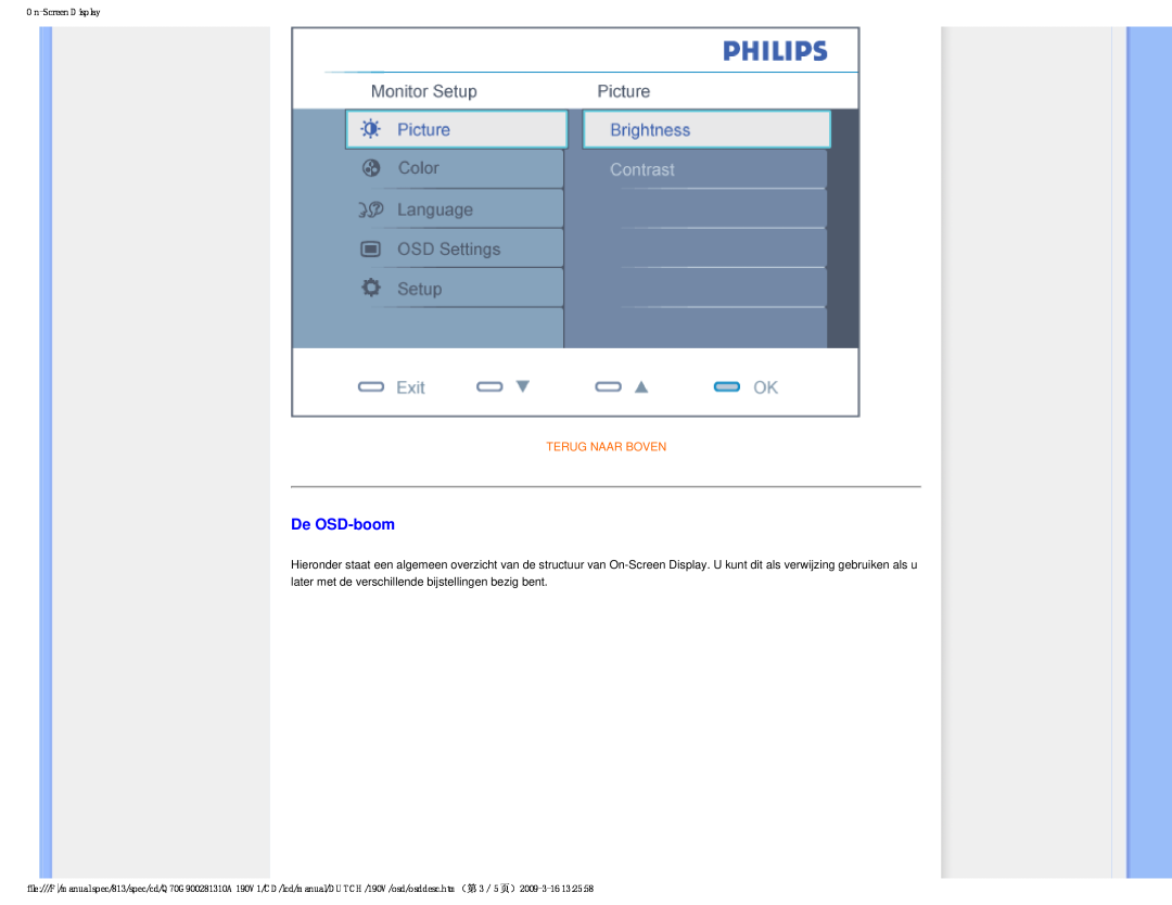 Philips 190V user manual De OSD-boom, Terug Naar Boven, On-Screen Display 