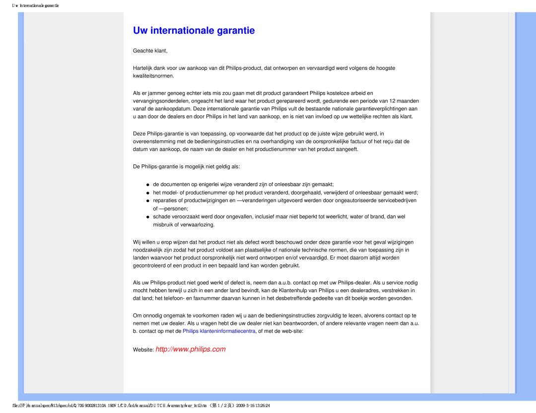 Philips 190V user manual Uw internationale garantie 