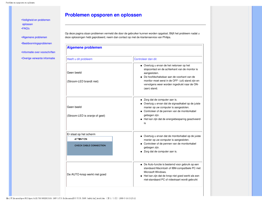 Philips 190V user manual Problemen opsporen en oplossen, Algemene problemen 