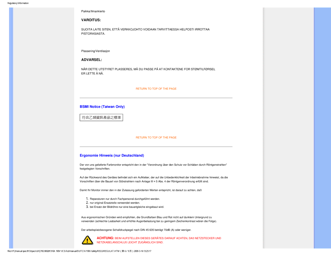 Philips 190V user manual Varoitus 