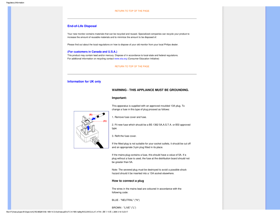 Philips 190V user manual End-of-Life Disposal 