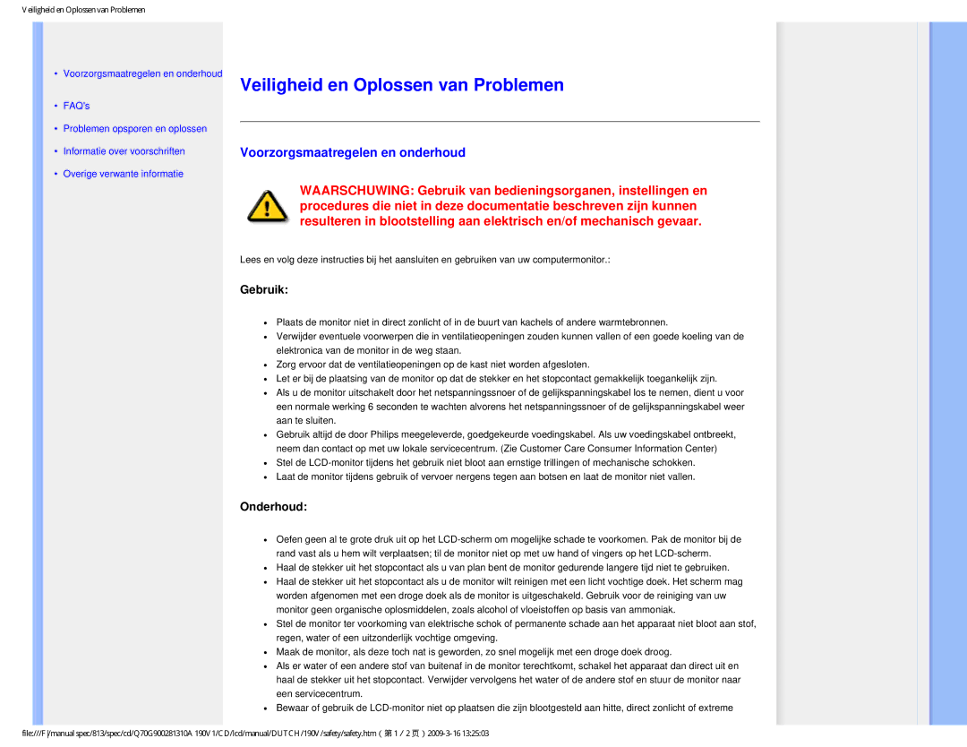 Philips 190V user manual Veiligheid en Oplossen van Problemen, Voorzorgsmaatregelen en onderhoud, Gebruik, Onderhoud 