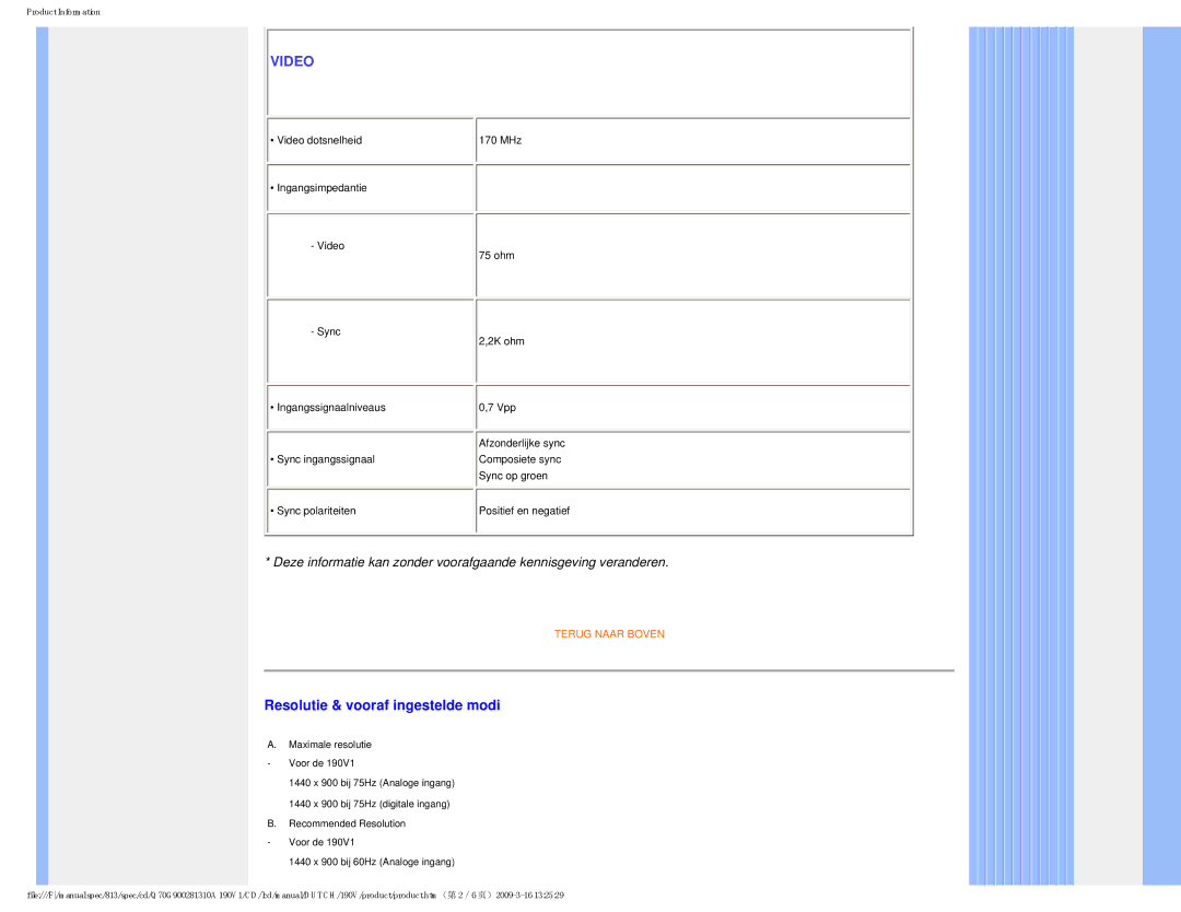 Philips 190V user manual Video, Resolutie & vooraf ingestelde modi 