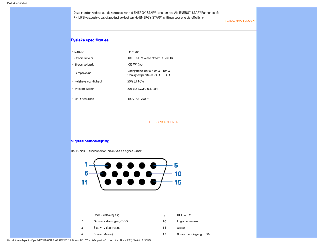 Philips 190V user manual Fysieke specificaties, Signaalpentoewijzing 