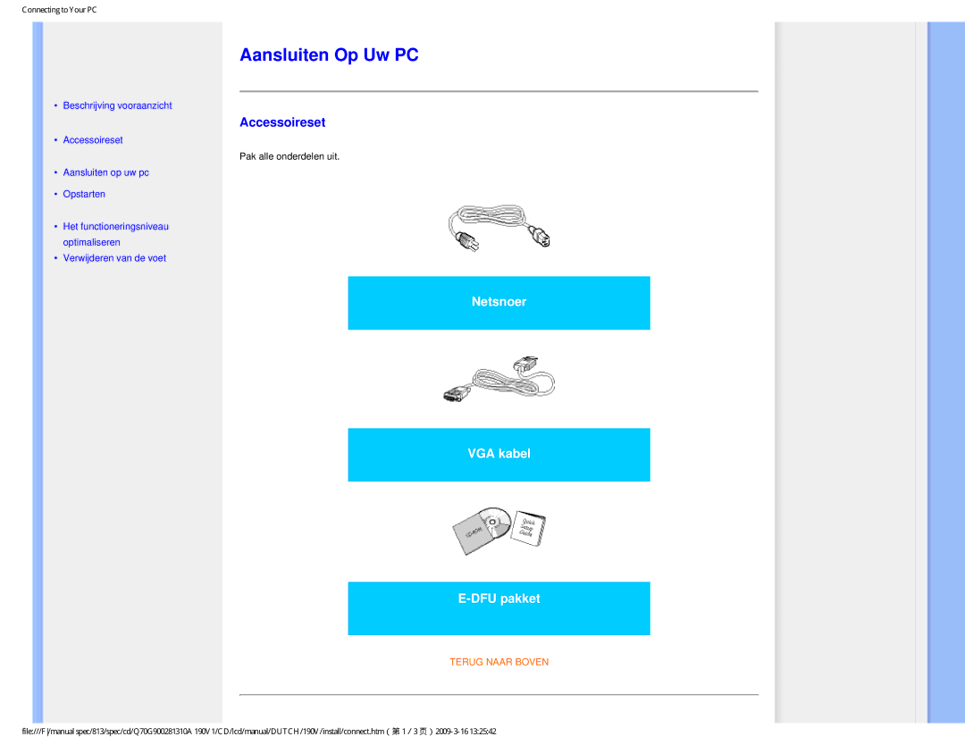 Philips 190V user manual Aansluiten Op Uw PC, Accessoireset 