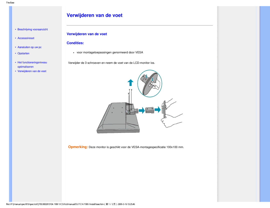 Philips 190V user manual Verwijderen van de voet Condities 