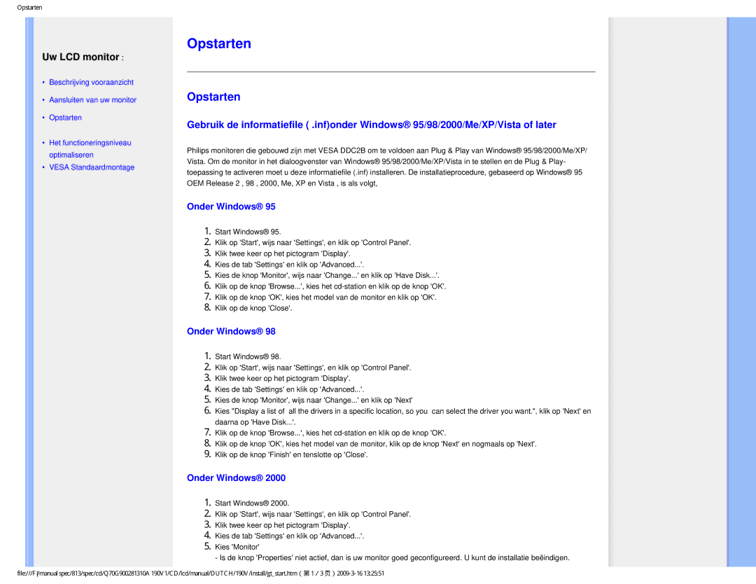 Philips 190V user manual Opstarten, Onder Windows 