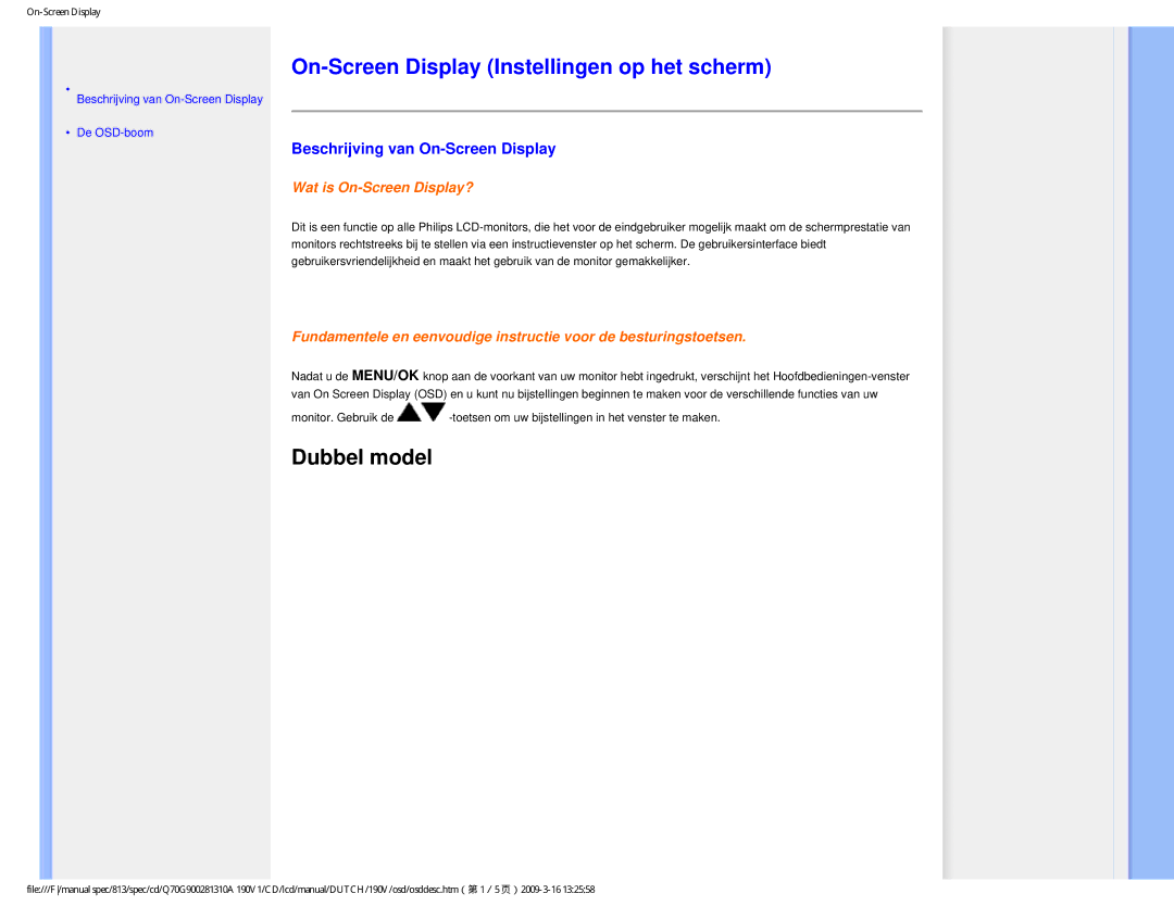 Philips 190V user manual On-Screen Display Instellingen op het scherm, Beschrijving van On-Screen Display 