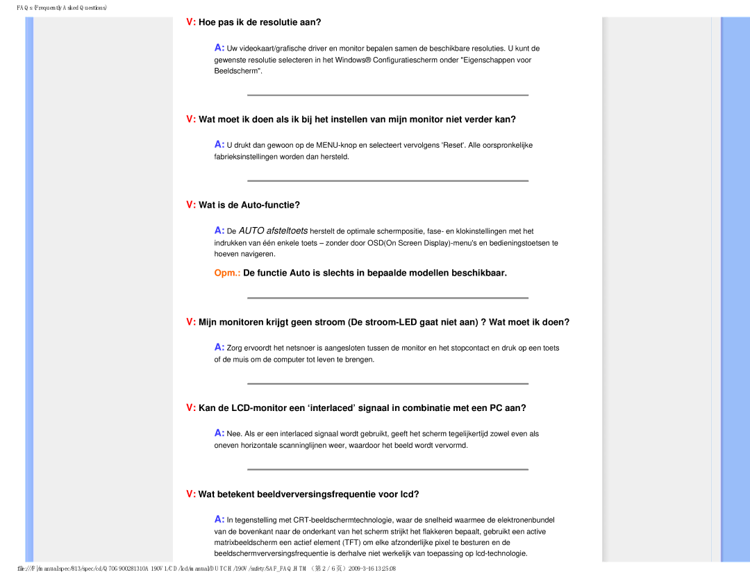 Philips 190V Hoe pas ik de resolutie aan?, Wat is de Auto-functie?, Wat betekent beeldverversingsfrequentie voor lcd? 