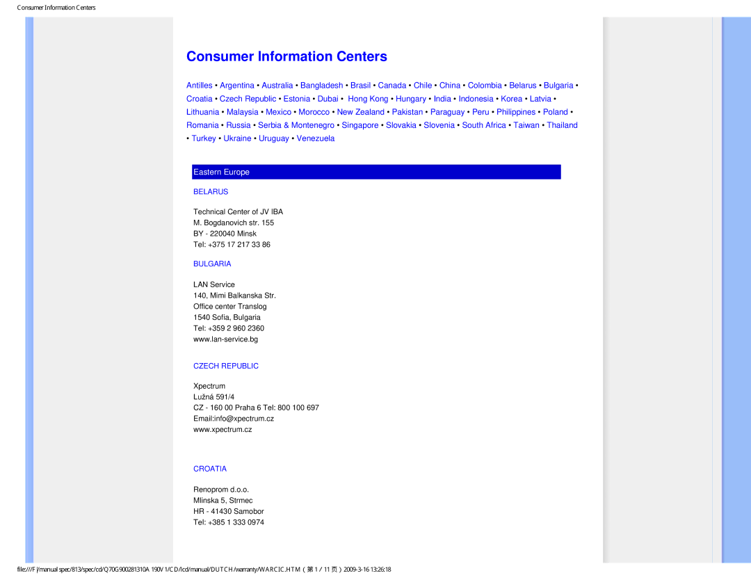 Philips 190V user manual Consumer Information Centers, Belarus, Bulgaria, Czech Republic, Croatia 