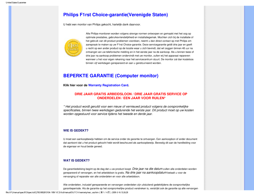 Philips 190V user manual Philips F1rst Choice-garantieVerenigde Staten, Beperkte Garantie Computer monitor 