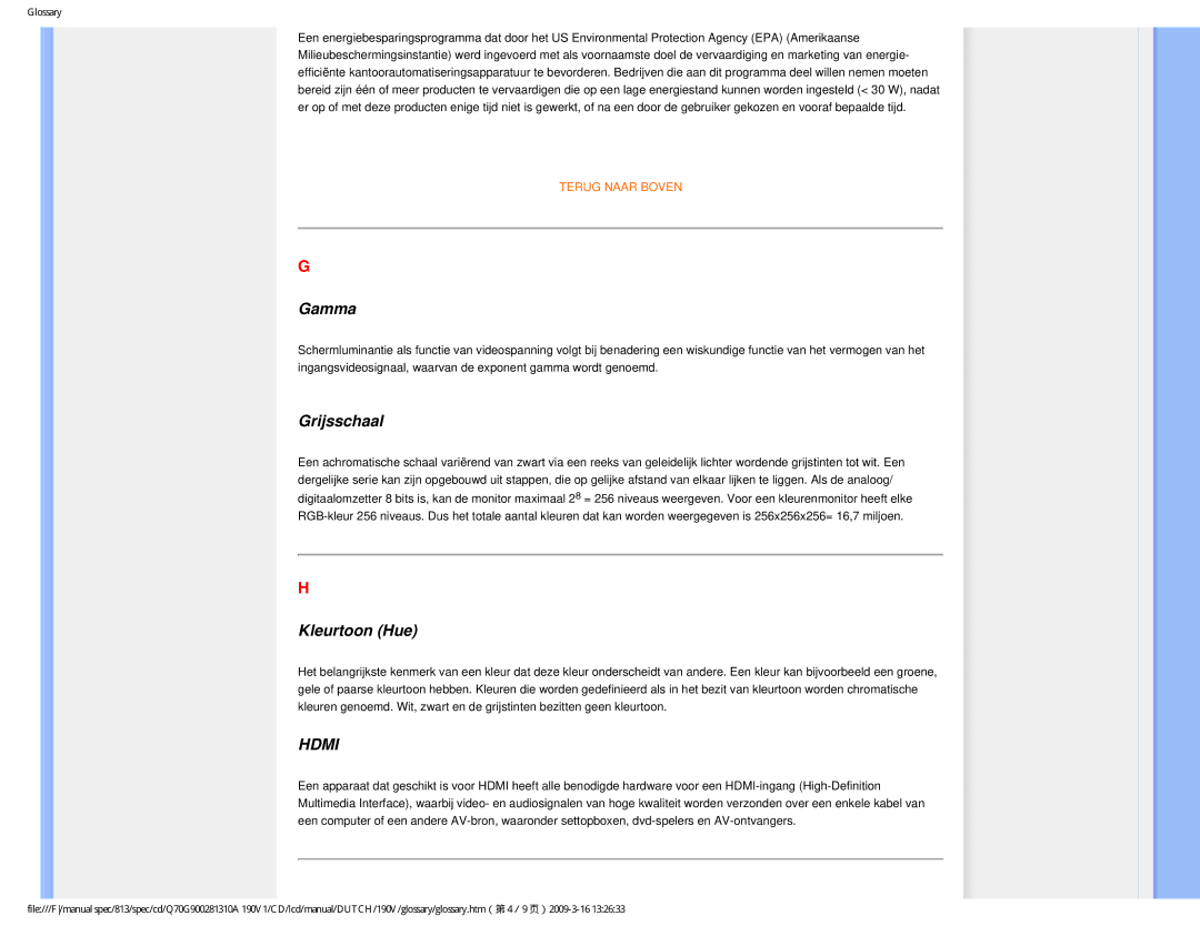 Philips 190V user manual Gamma, Grijsschaal, Kleurtoon Hue 