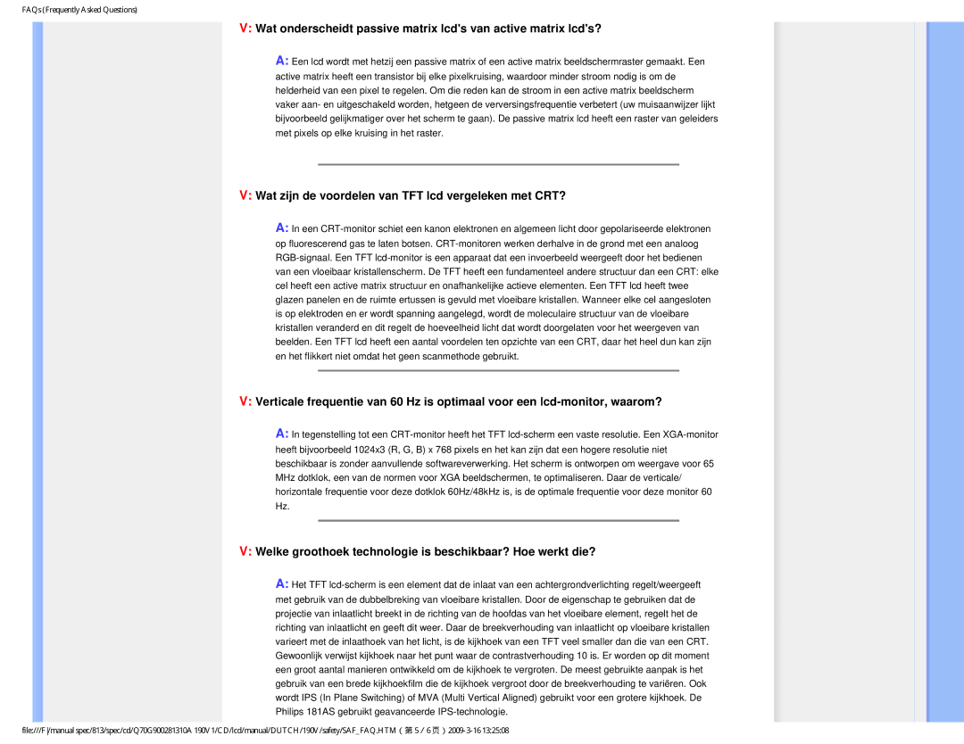 Philips 190V user manual Wat zijn de voordelen van TFT lcd vergeleken met CRT? 