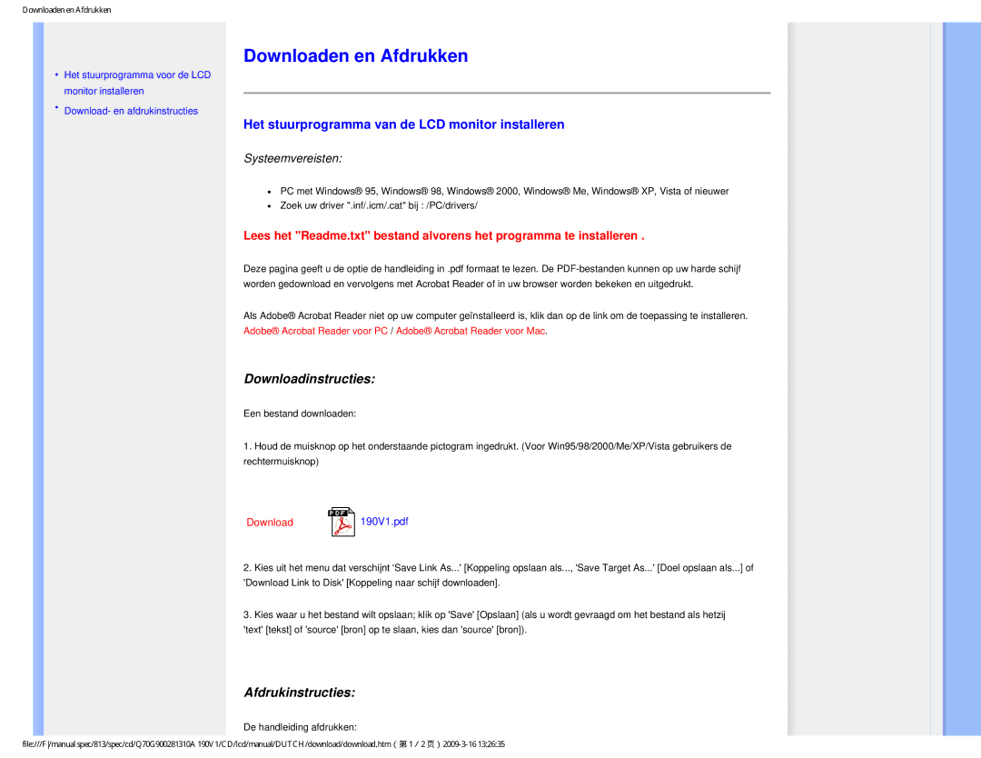 Philips 190V user manual Downloaden en Afdrukken, Het stuurprogramma van de LCD monitor installeren, Downloadinstructies 