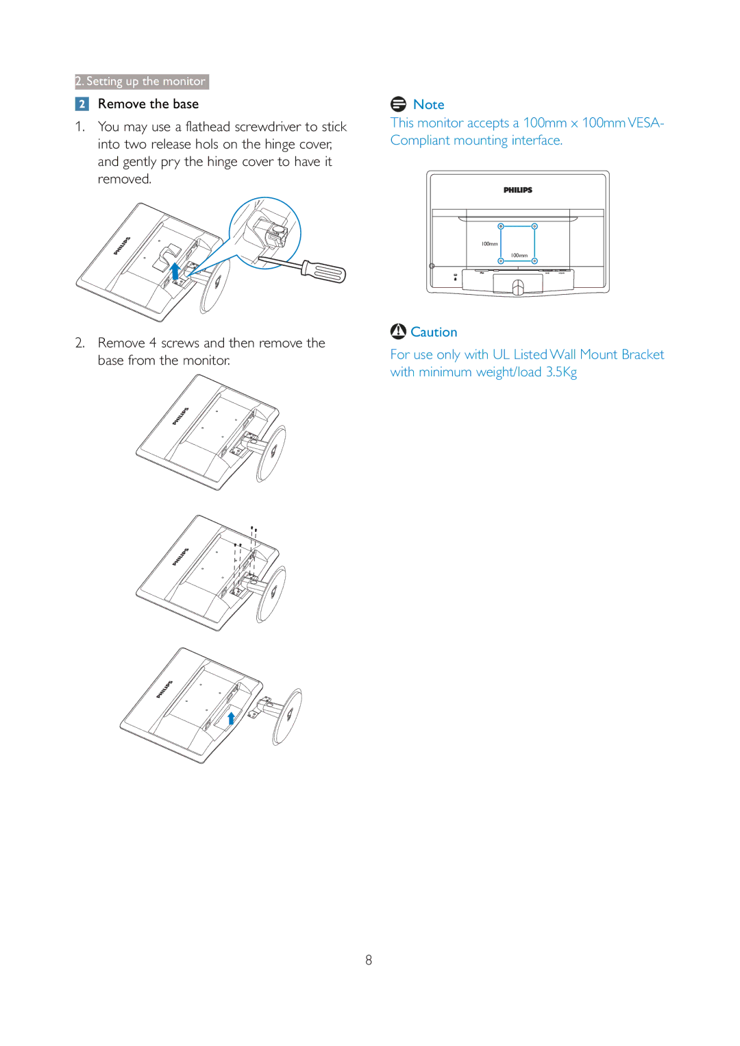 Philips 190V3 user manual Remove 4 screws and then remove the base from the monitor 