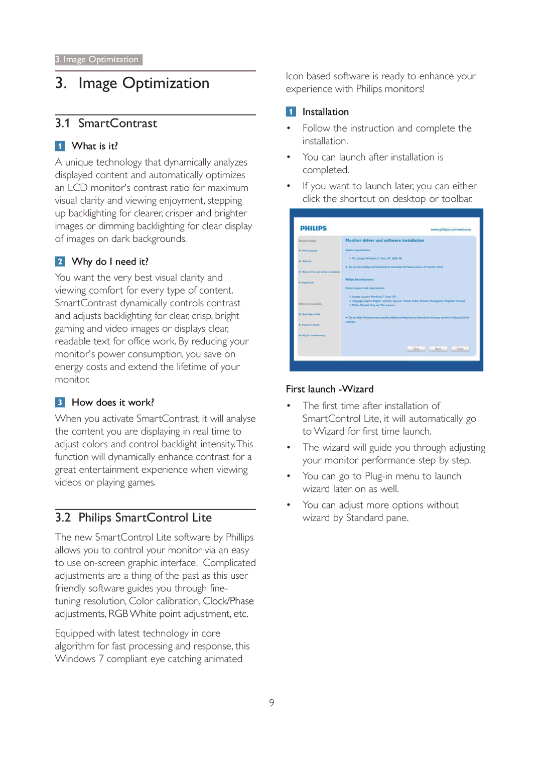 Philips 190V3 user manual Image Optimization, SmartContrast, Philips SmartControl Lite 