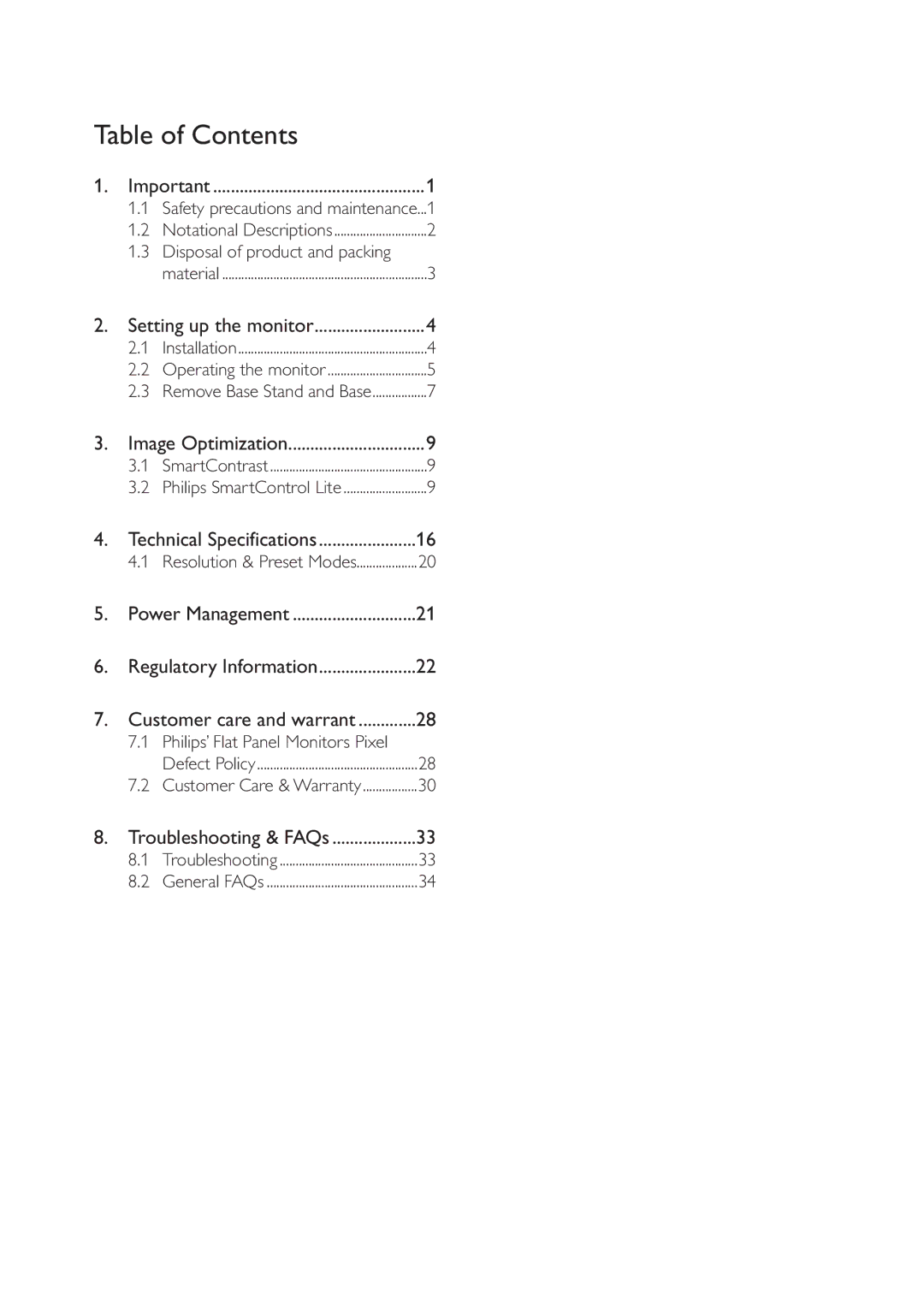 Philips 190V3 user manual Table of Contents 