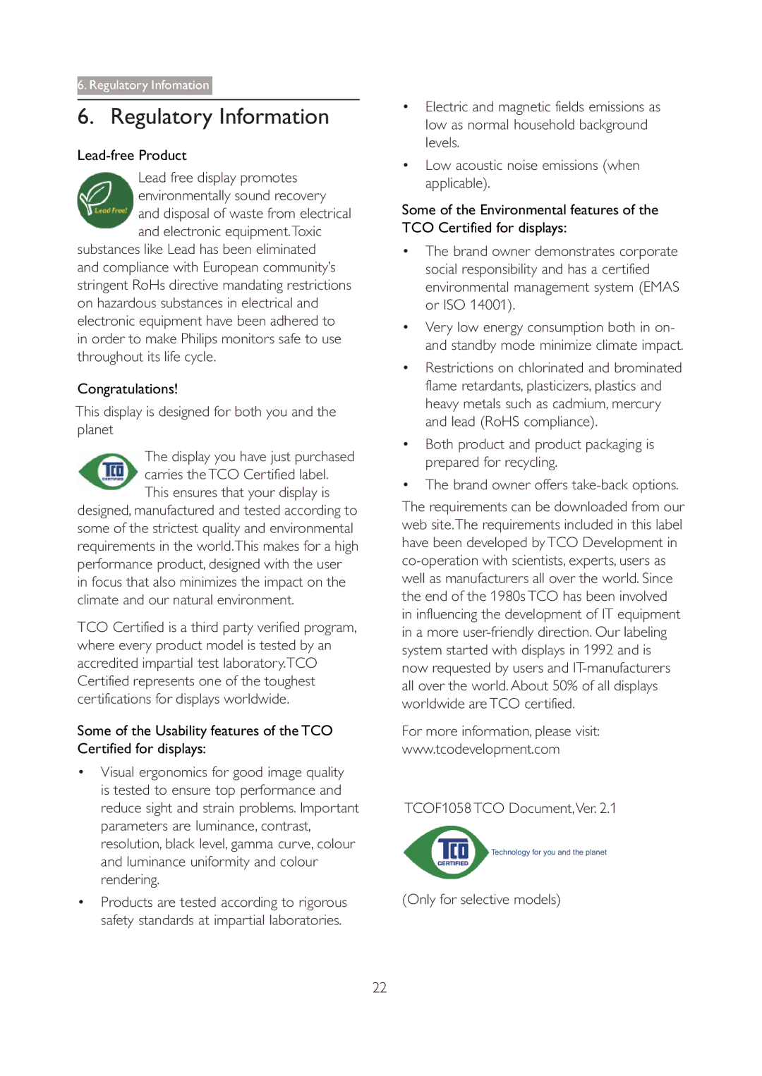 Philips 190V3 Regulatory Information, This display is designed for both you and the planet, Only for selective models 