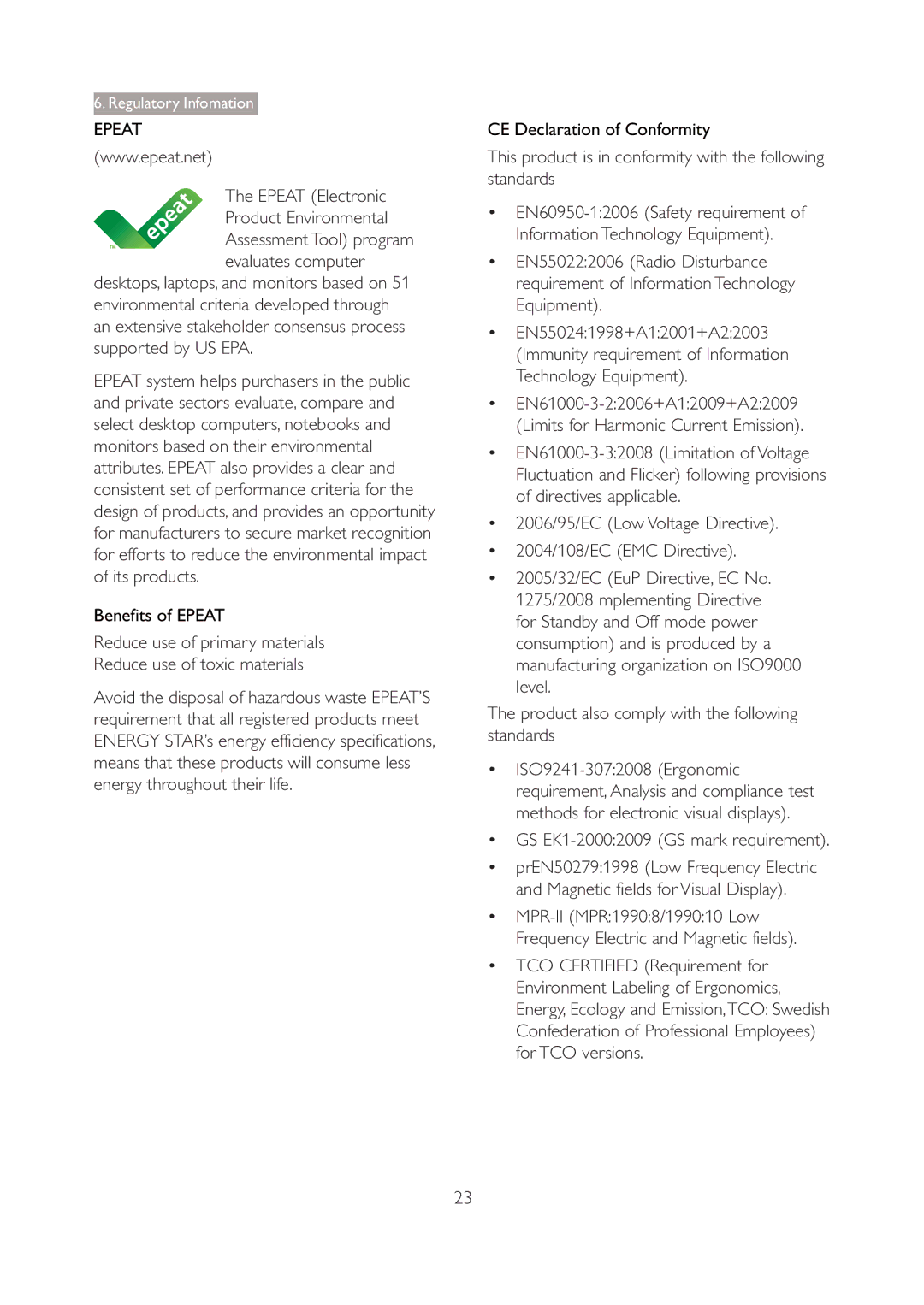 Philips 190V3 user manual Epeat Electronic Product Environmental, Benefits of Epeat, CE Declaration of Conformity 