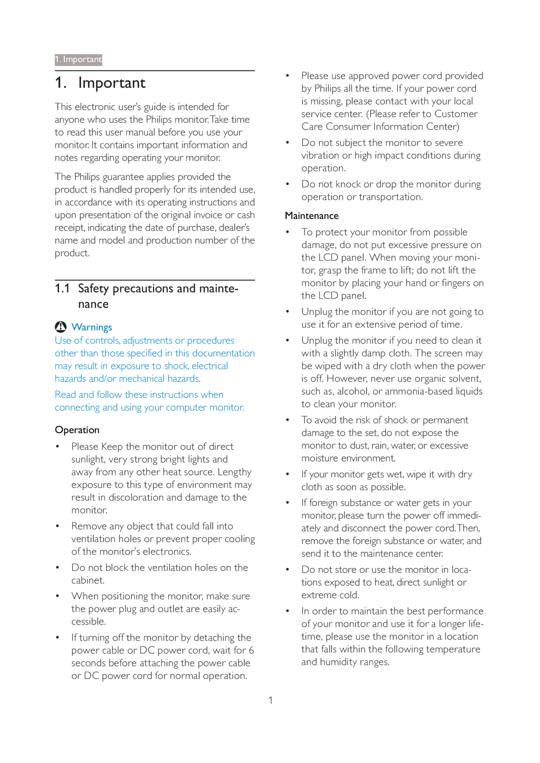 Philips 190V3 user manual Safety precautions and mainte- nance, Operation, Maintenance 