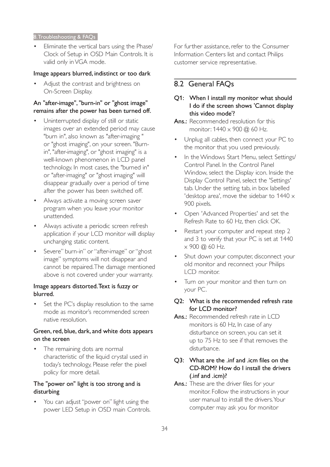 Philips 190V3 General FAQs, Image appears blurred, indistinct or too dark, Power on light is too strong and is disturbing 