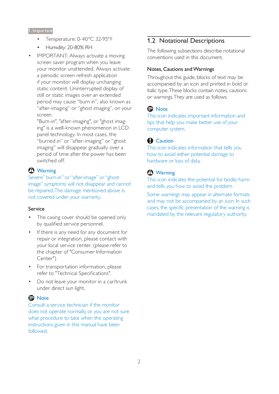 Philips 190V3 user manual Notational Descriptions, Temperature 0-40C 32-95F, Humidity 20-80% RH, Service 