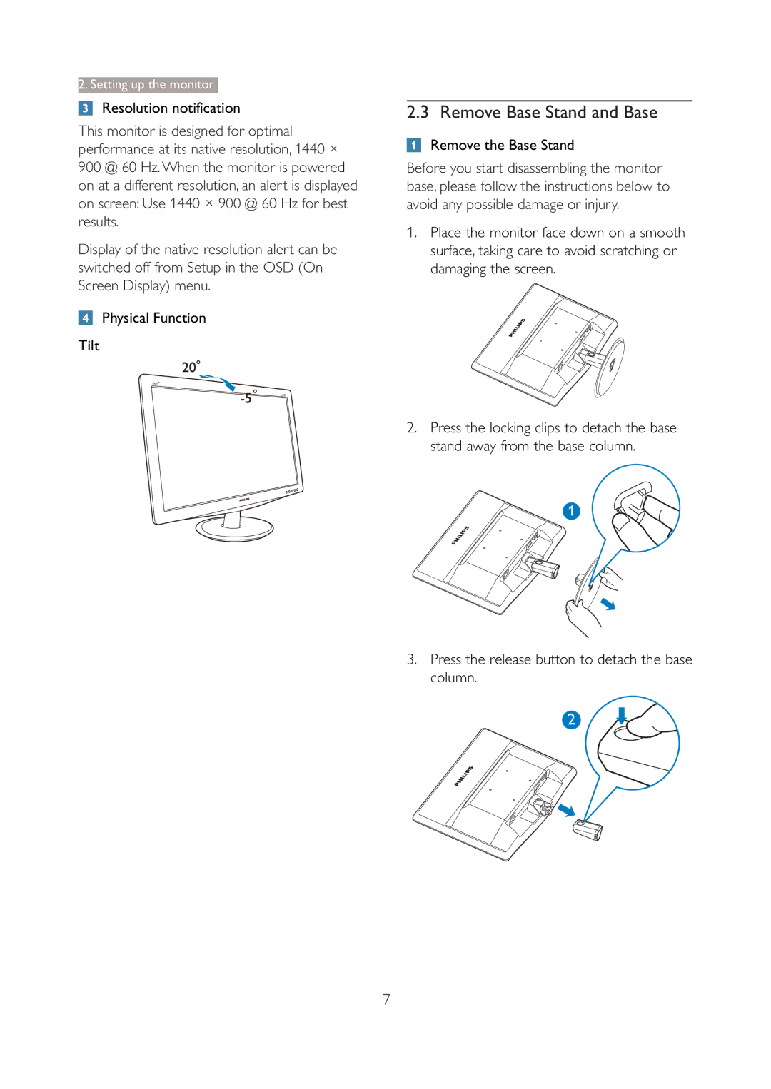 Philips 190V3 Remove Base Stand and Base, Resolution notification, Physical Function Tilt, Remove the Base Stand 