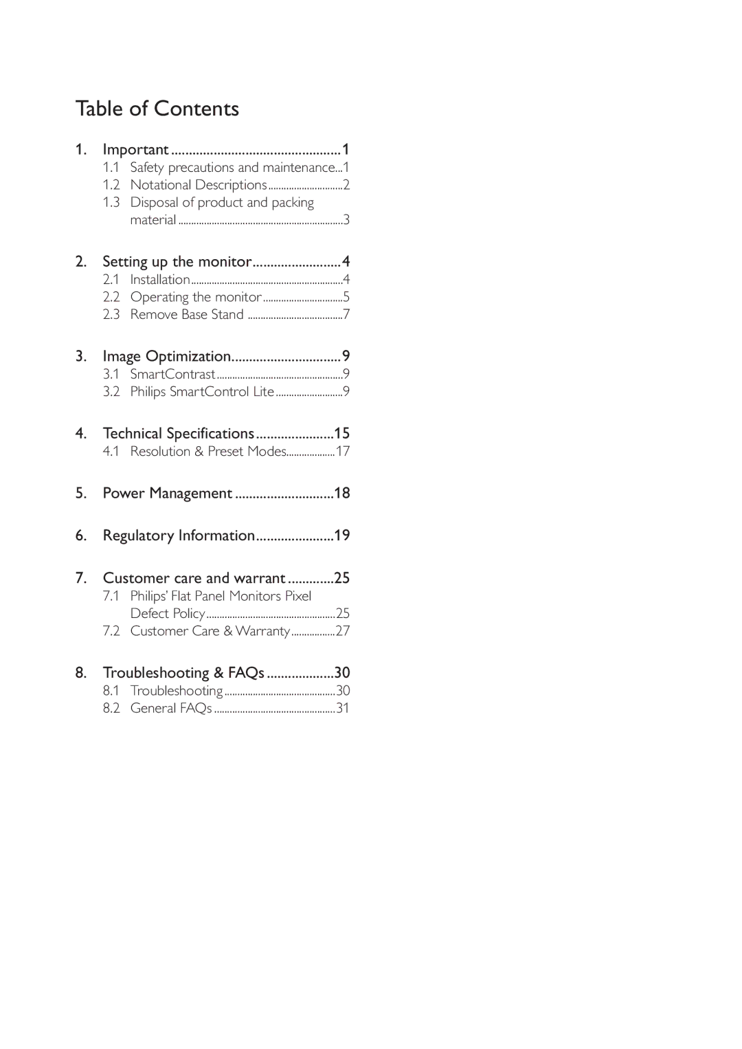 Philips 190V4LSB/27 user manual Table of Contents 