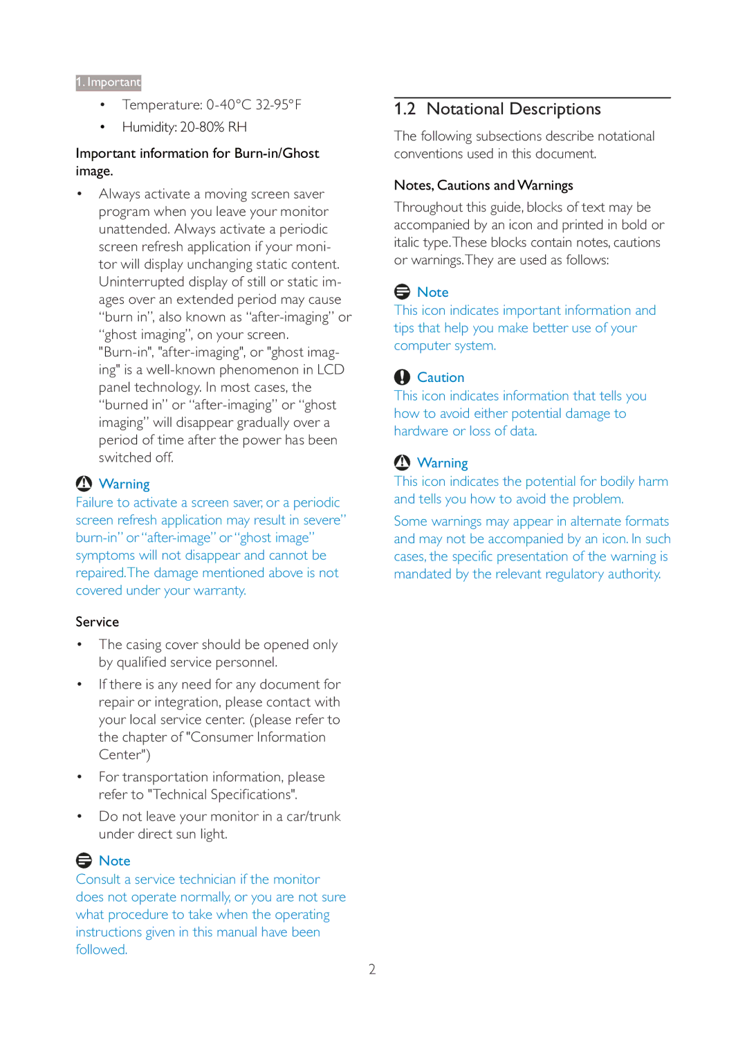 Philips 190V4LSB/27 user manual Notational Descriptions, Temperature 0-40C 32-95F, Service 