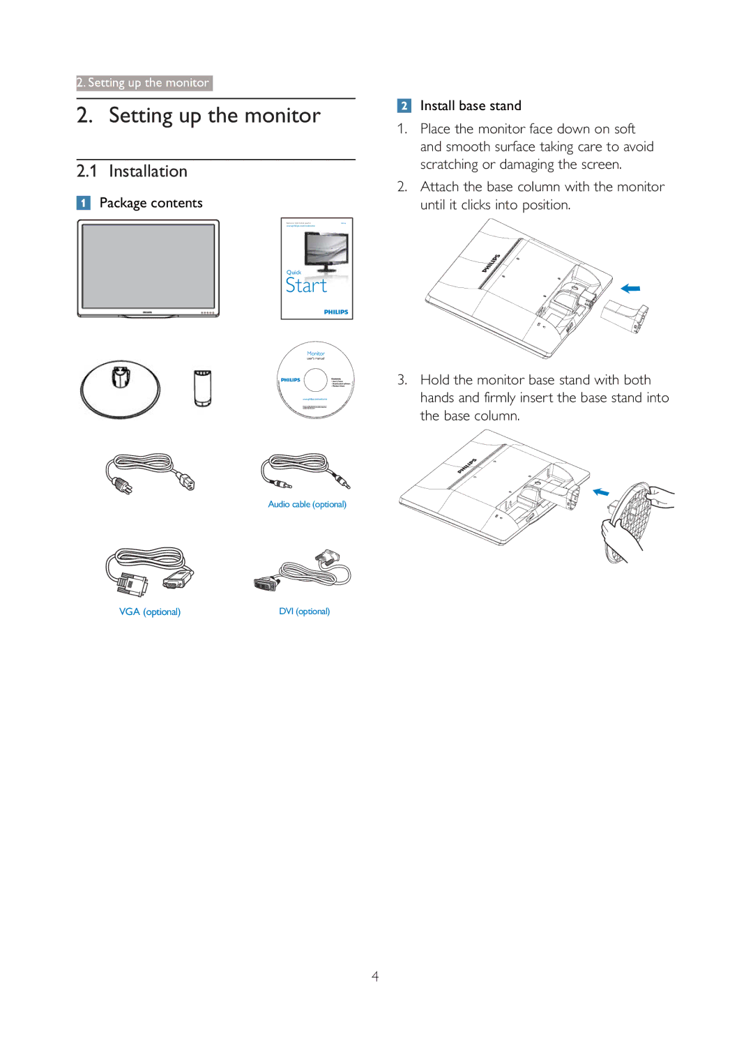 Philips 190V4LSB/27 user manual Setting up the monitor, Installation, Package contents Install base stand 