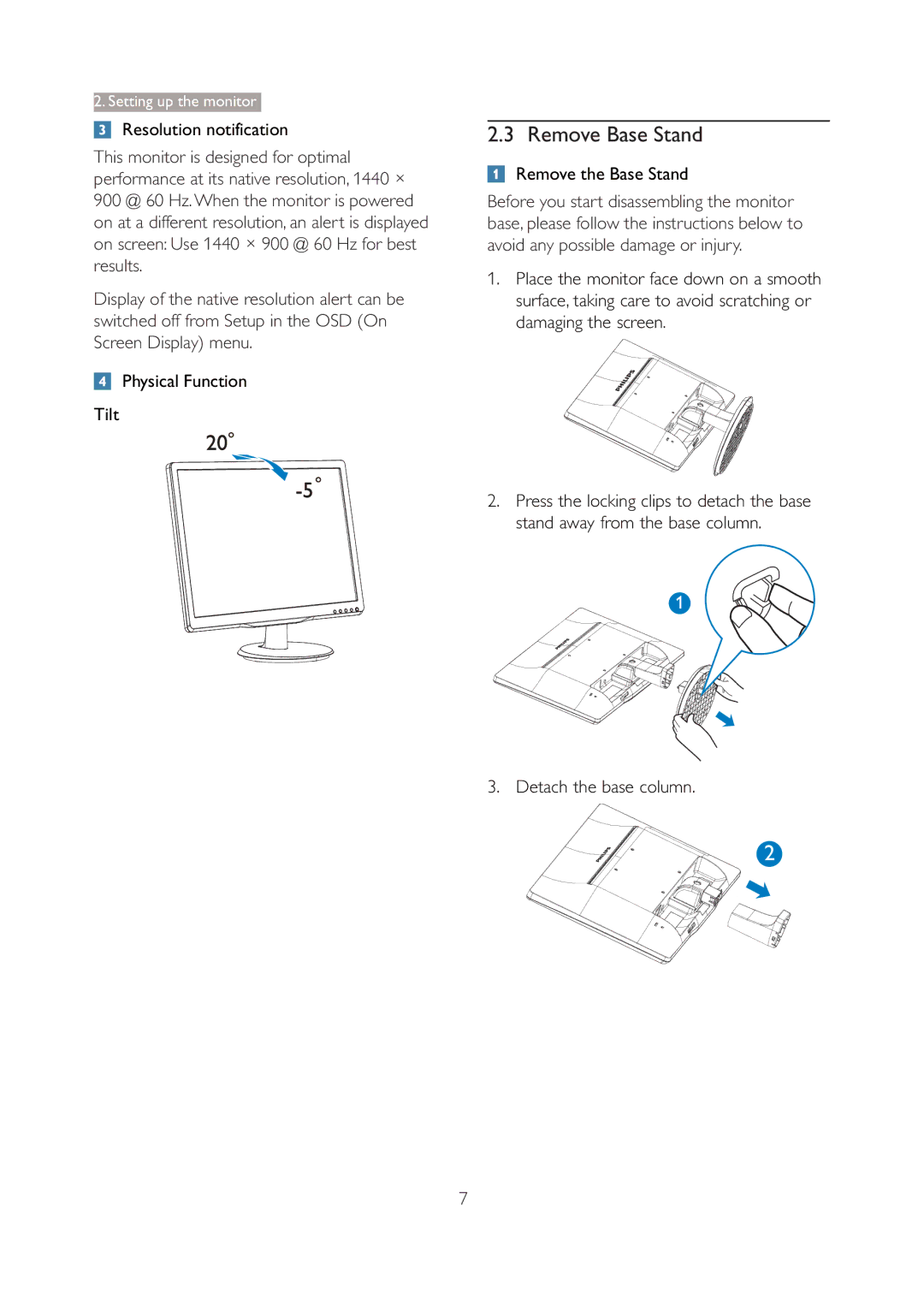 Philips 190V4LSB/27 Remove Base Stand, Resolution notification, Physical Function Tilt, Remove the Base Stand 