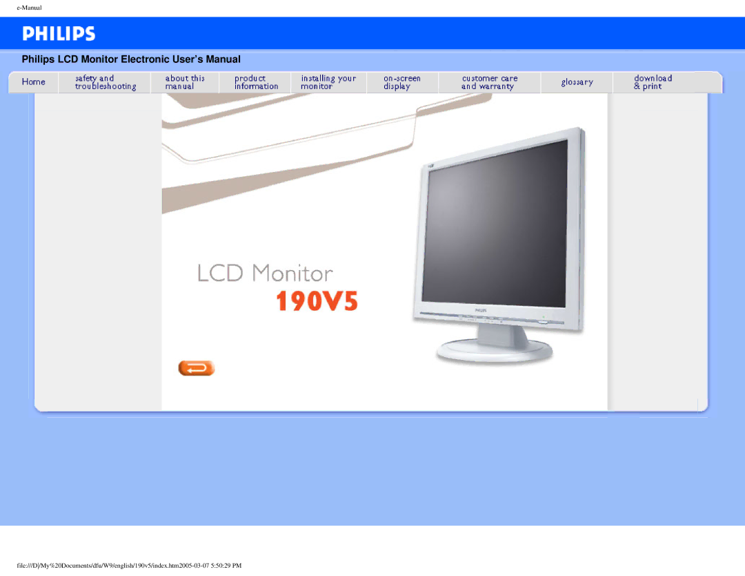 Philips 190V5 user manual Philips LCD Monitor Electronic User’s Manual 