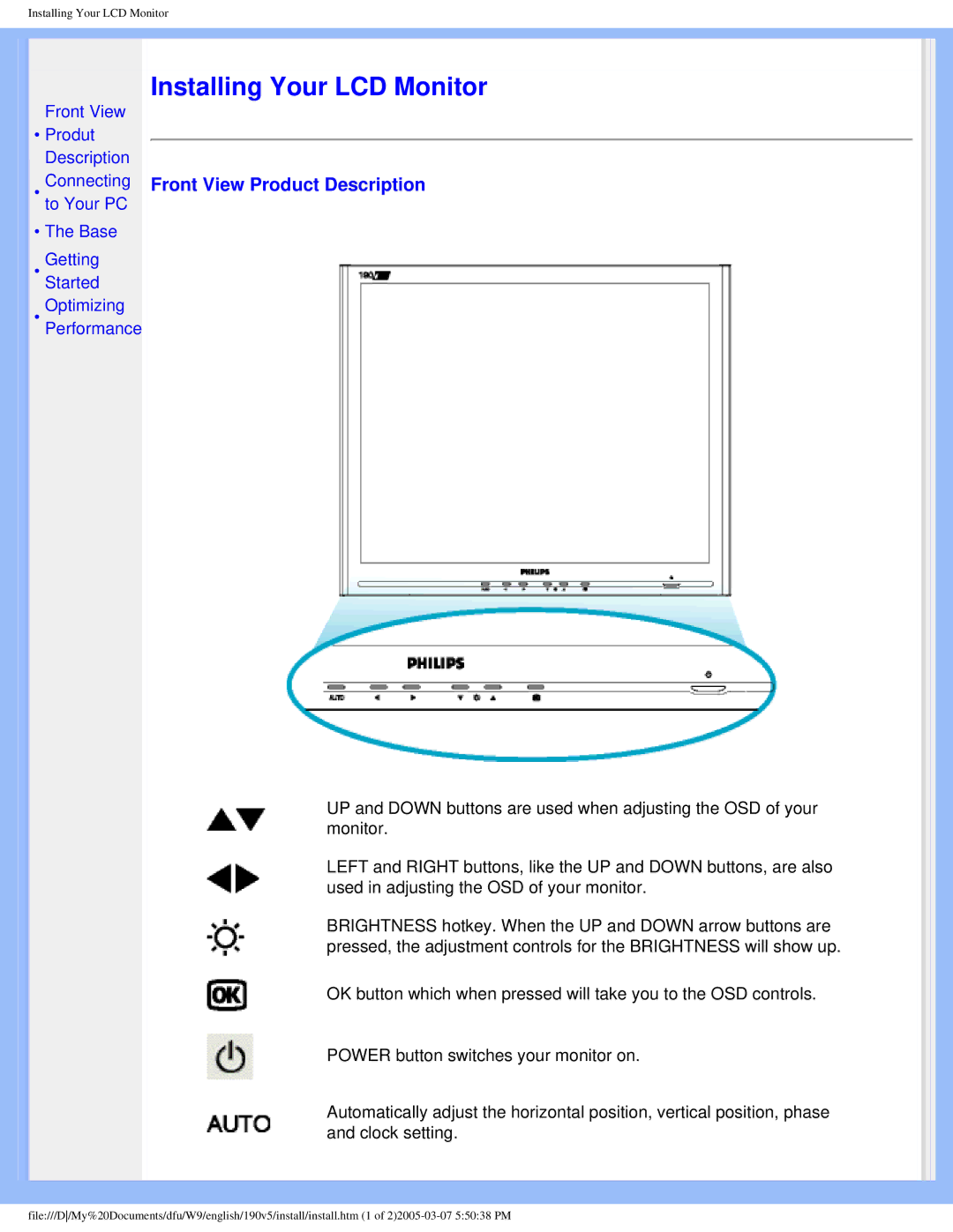 Philips 190V5 user manual Installing Your LCD Monitor, Front View Product Description 