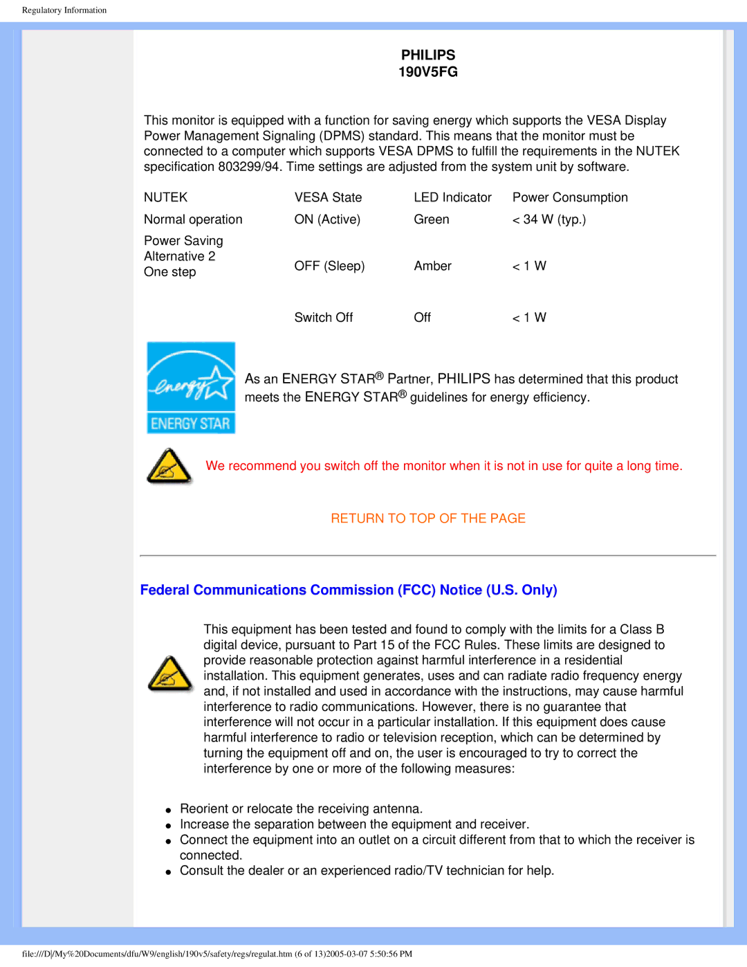 Philips user manual Philips 190V5FG, Federal Communications Commission FCC Notice U.S. Only 