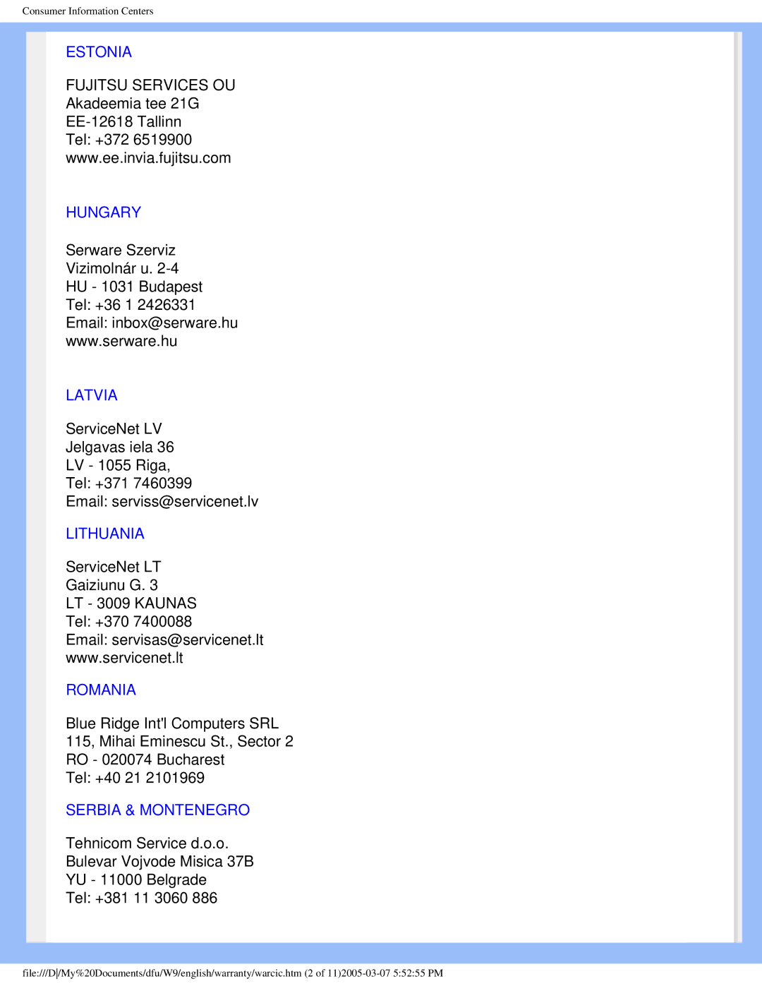 Philips 190V5 user manual Estonia, Hungary, Latvia, Lithuania, Romania, Serbia & Montenegro 